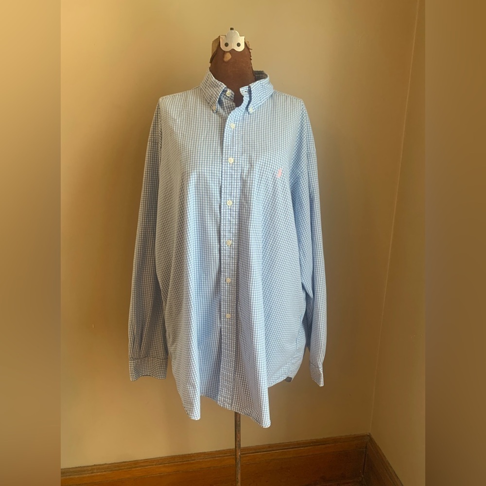 Ralph Lauren button down cotton shirt, blue and white checkered pastel